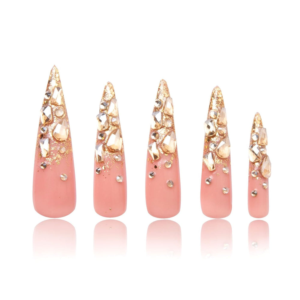 LOVFUL Stardust Gold Rhinestone Handmade Reusable Full Cover Press on Nails H84