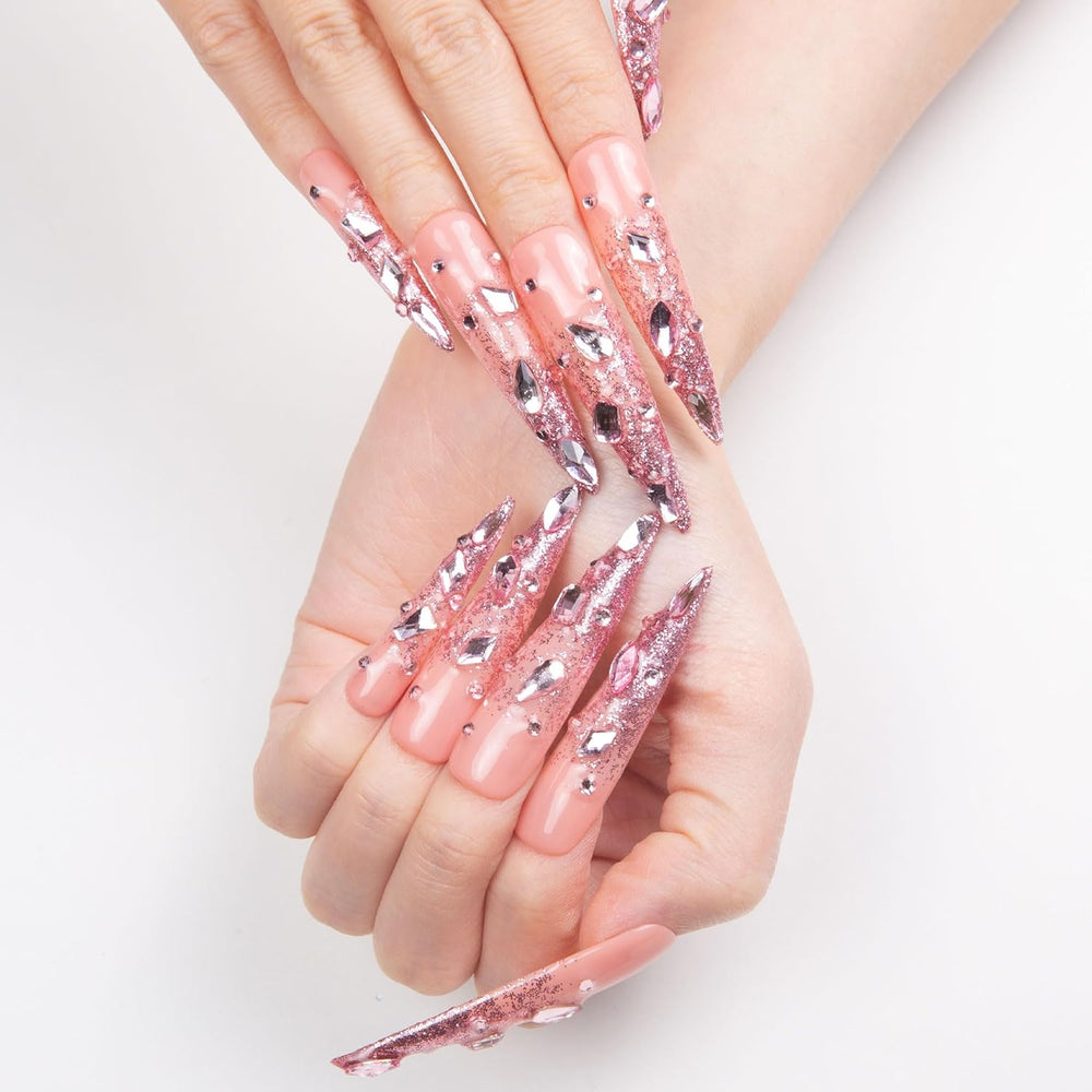 LOVFUL Pink Glitter Handmade Reusable Full Cover Press on Nails H60