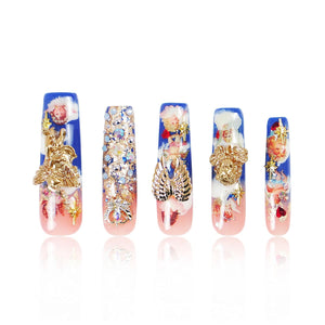 LOVFUL The Palace of Murals Blue Handmade Reusable Full Cover Press on Nails H174