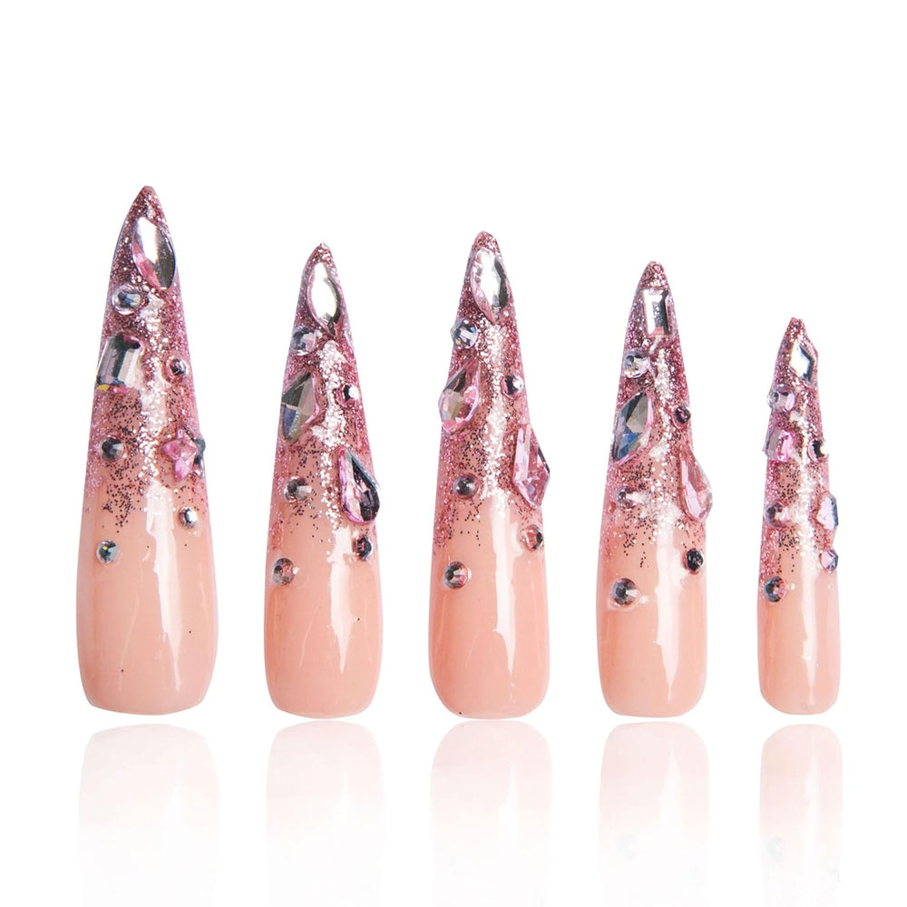 LOVFUL Pink Glitter Handmade Reusable Full Cover Press on Nails H60