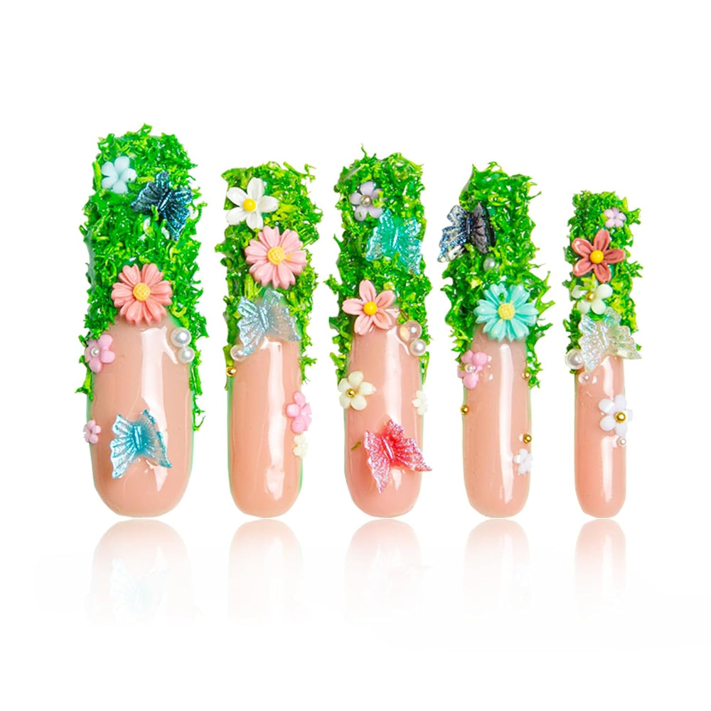 LOVFUL Fairy Tale Garden French Tip Handmade Reusable Full Cover Press on Nails H151