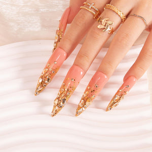 LOVFUL Stardust Gold Rhinestone Handmade Reusable Full Cover Press on Nails H84