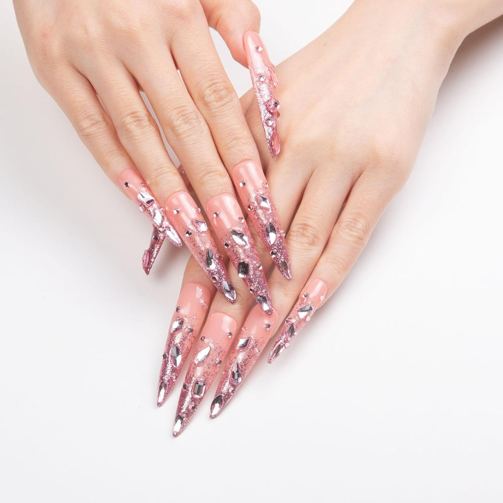 LOVFUL Pink Glitter Handmade Reusable Full Cover Press on Nails H60