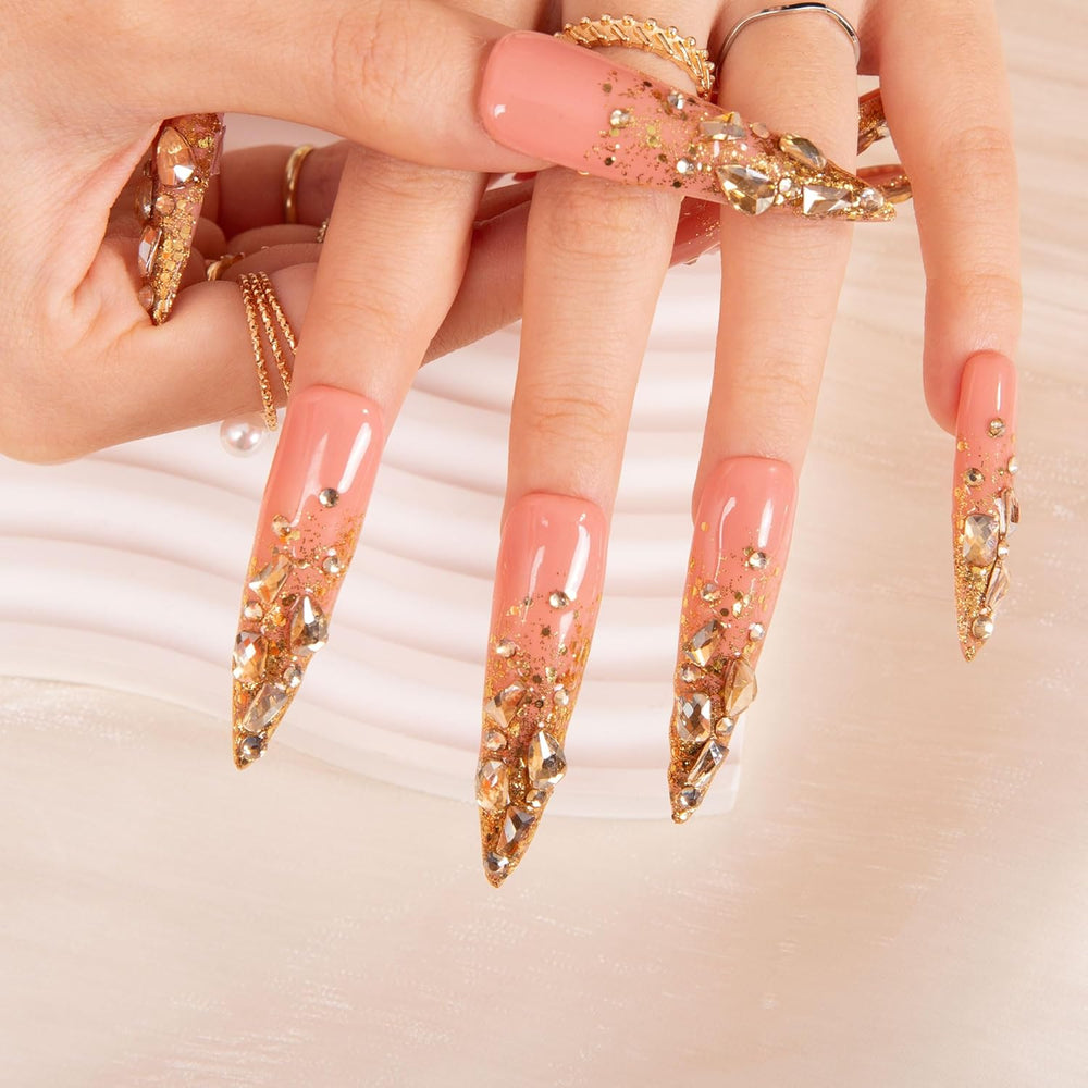LOVFUL Stardust Gold Rhinestone Handmade Reusable Full Cover Press on Nails H84