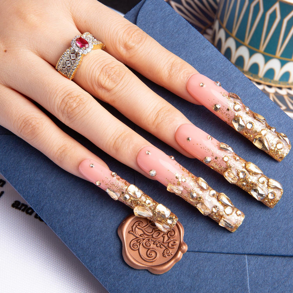 LOVFUL Stardust Gold Rhinestone Handmade Reusable Full Cover Press on Nails H84