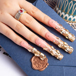 LOVFUL Stardust Gold Rhinestone Handmade Reusable Full Cover Press on Nails H84