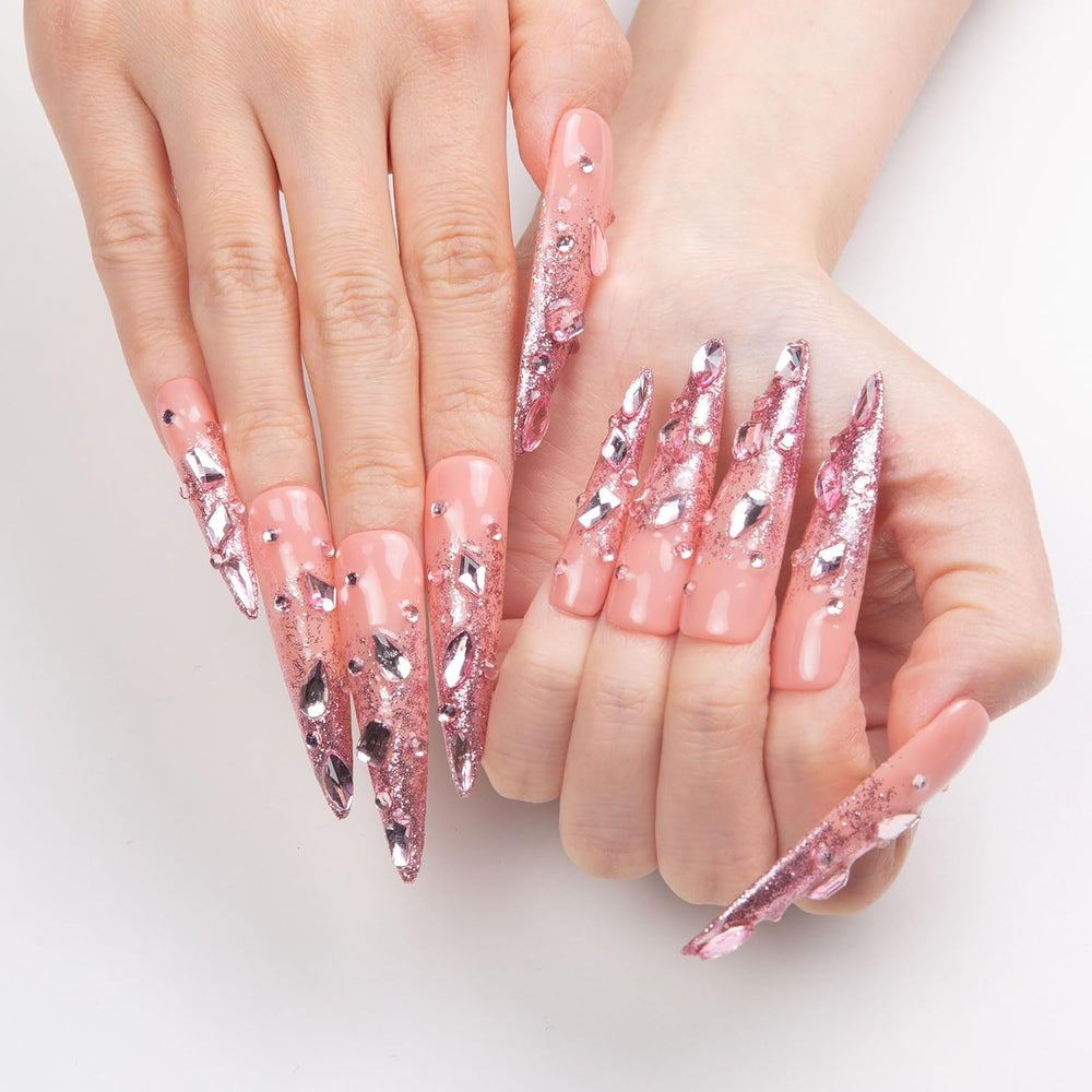 LOVFUL Pink Glitter Handmade Reusable Full Cover Press on Nails H60