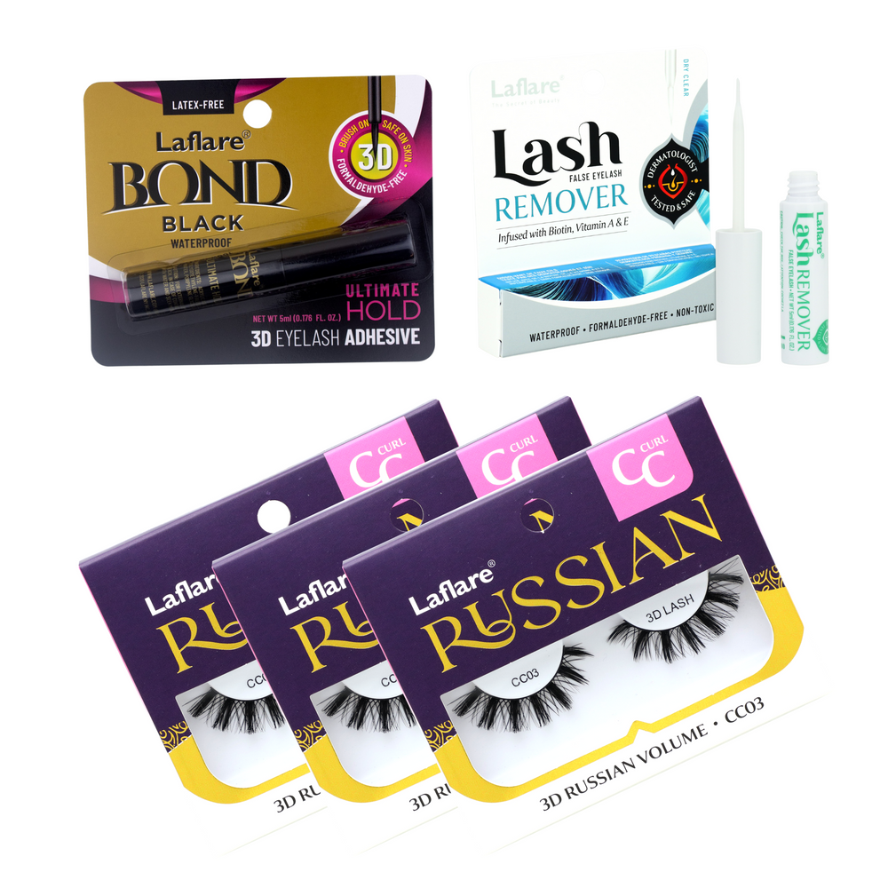 3D RUSSIAN (MAX) CC CURL LASH 3 PACKS with LASH BOND and REMOVER SET