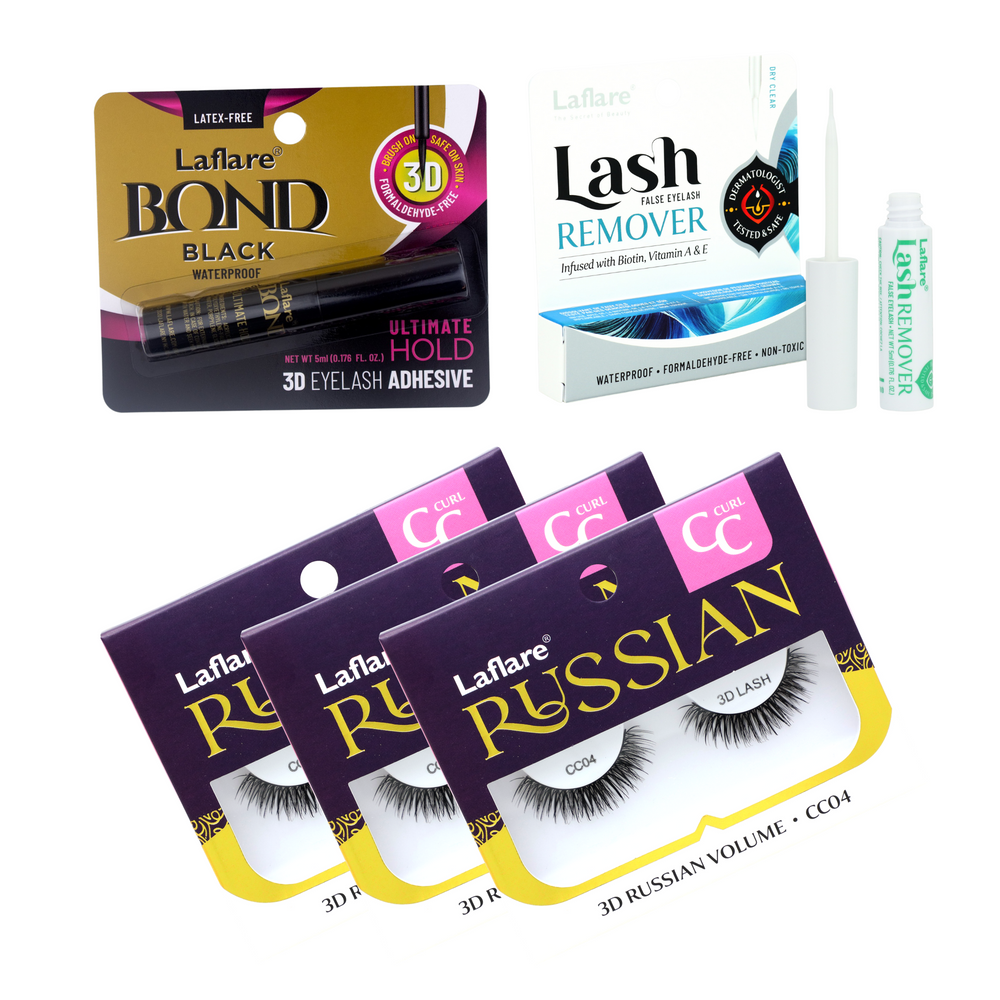 3D RUSSIAN (MAX) CC CURL LASH 3 PACKS with LASH BOND and REMOVER SET