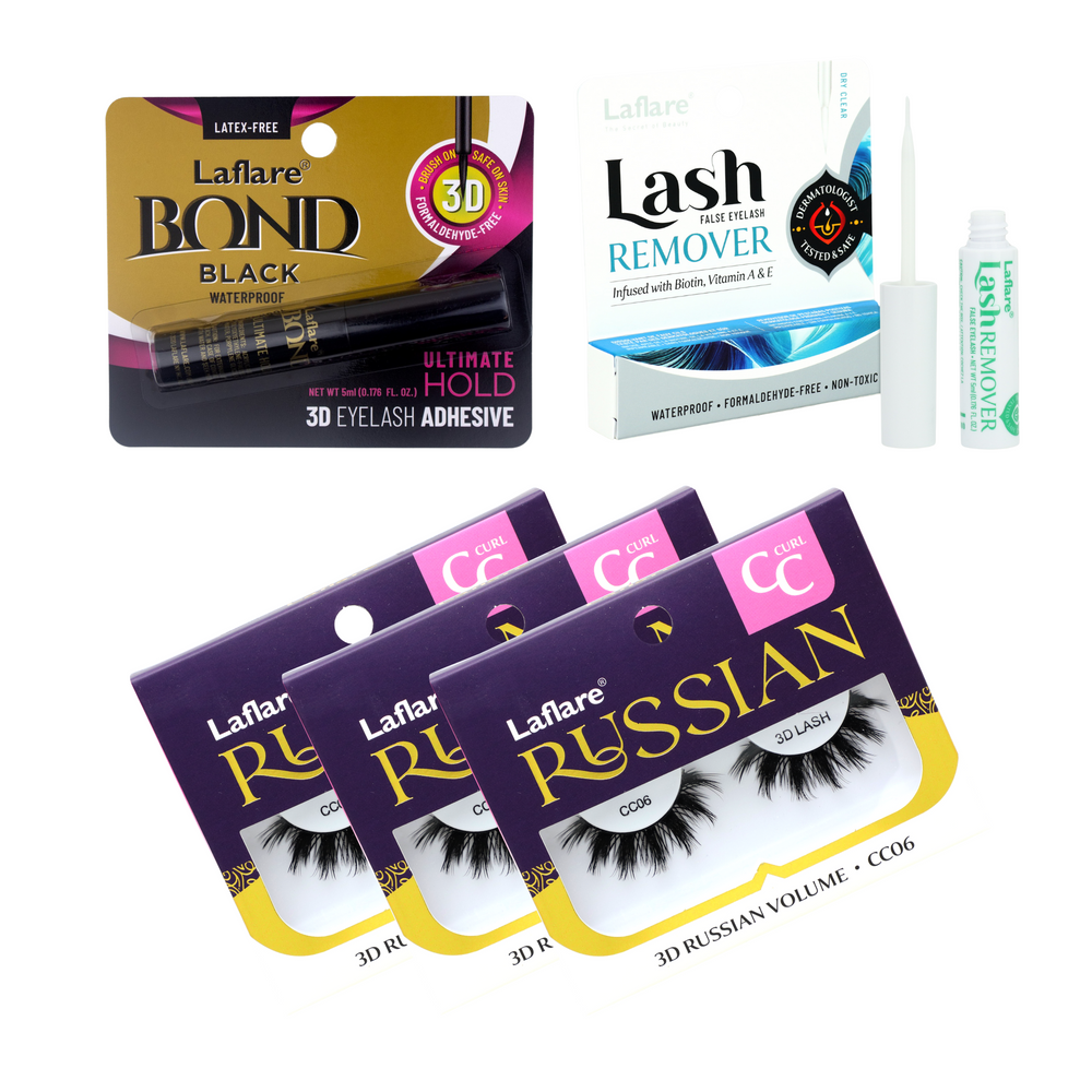 3D RUSSIAN (MAX) CC CURL LASH 3 PACKS with LASH BOND and REMOVER SET