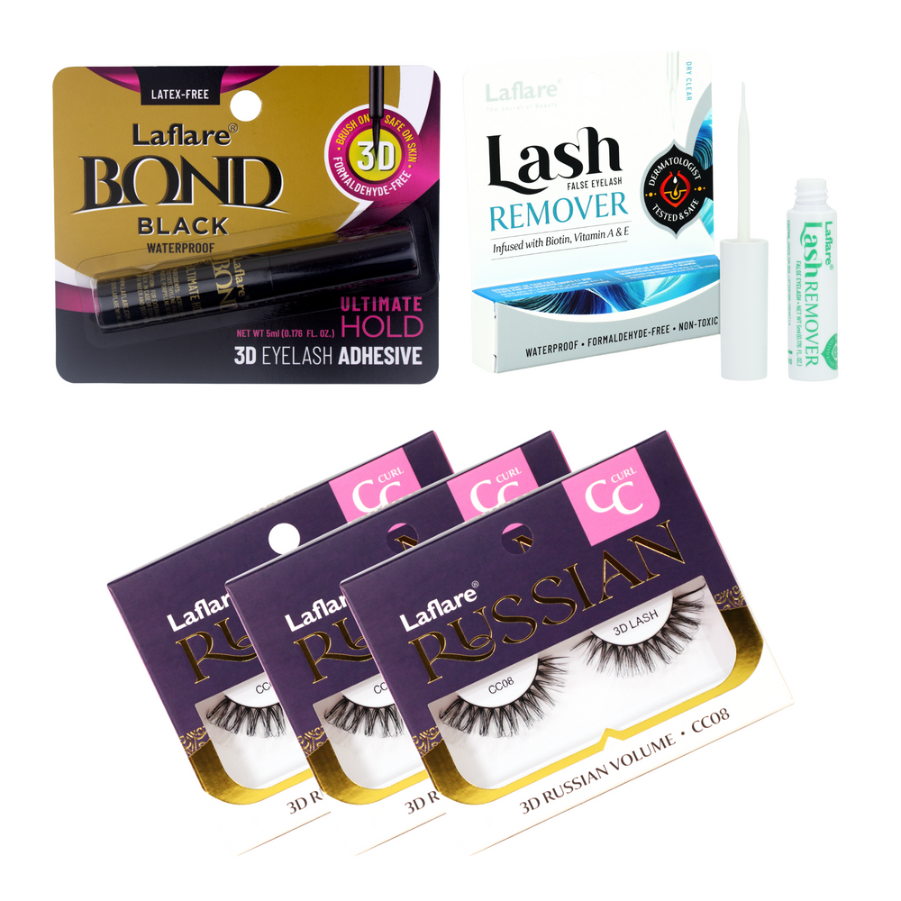 3D RUSSIAN (MAX) CC CURL LASH 3 PACKS with LASH BOND and REMOVER SET