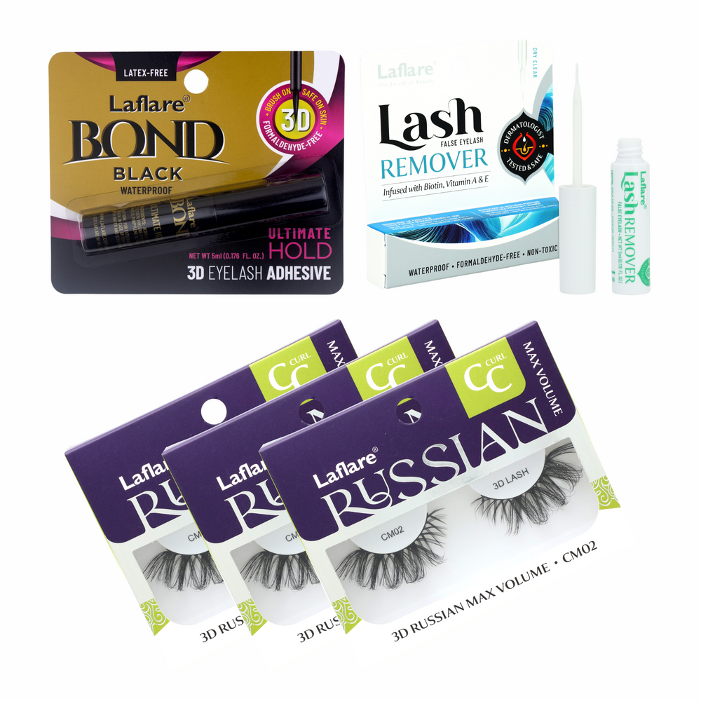 3D RUSSIAN (MAX) CC CURL LASH 3 PACKS with LASH BOND and REMOVER SET