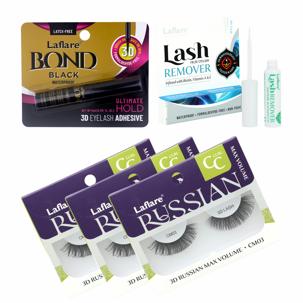 3D RUSSIAN (MAX) CC CURL LASH 3 PACKS with LASH BOND and REMOVER SET