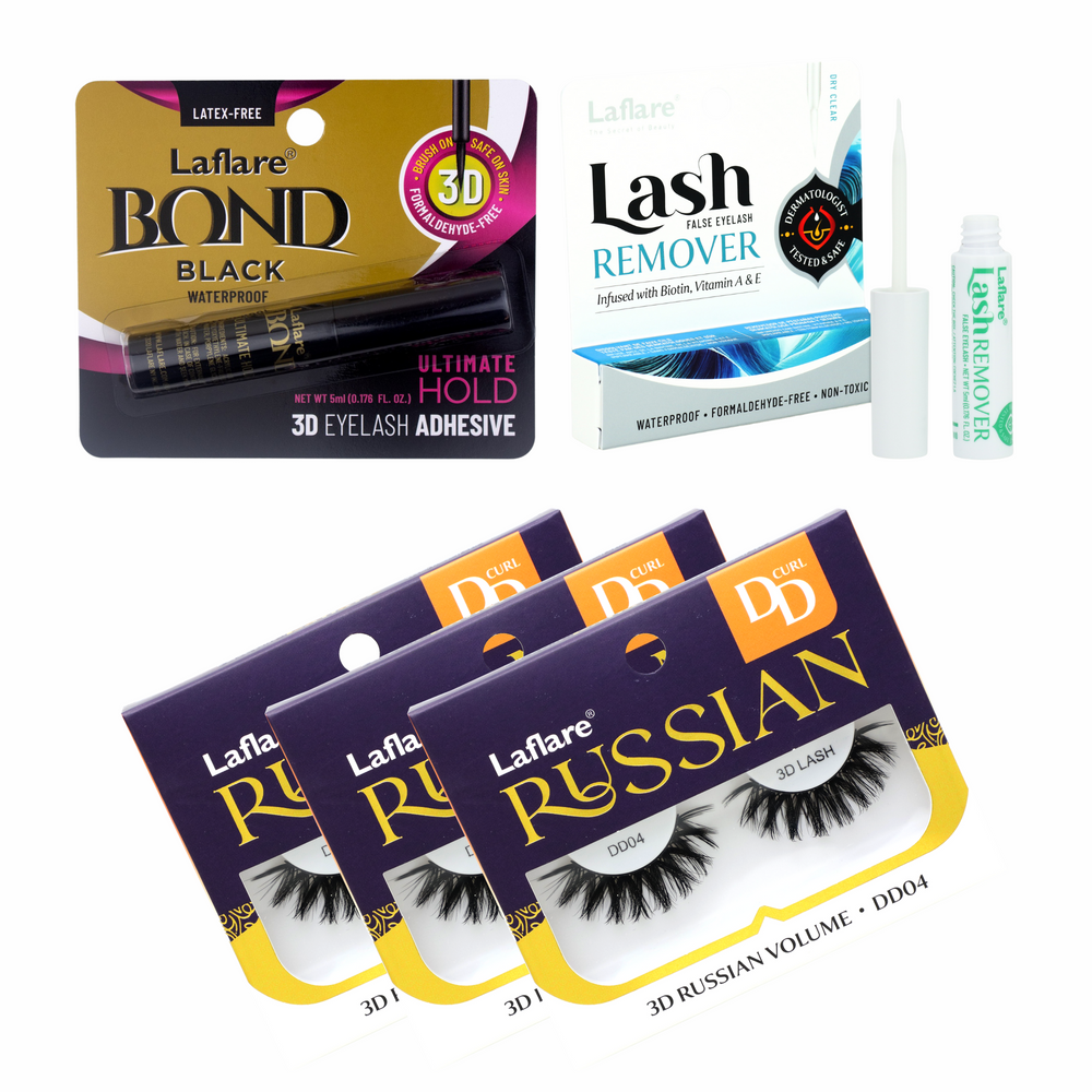 3D RUSSIAN (MAX) DD CURL LASH 3 PACKS with LASH BOND and REMOVER SET