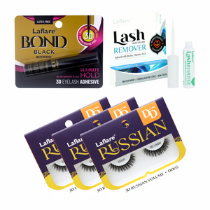 3D RUSSIAN (MAX) DD CURL LASH 3 PACKS with LASH BOND and REMOVER SET