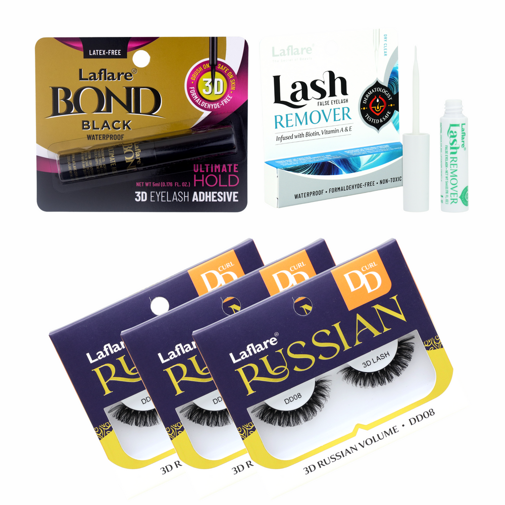 3D RUSSIAN (MAX) DD CURL LASH 3 PACKS with LASH BOND and REMOVER SET