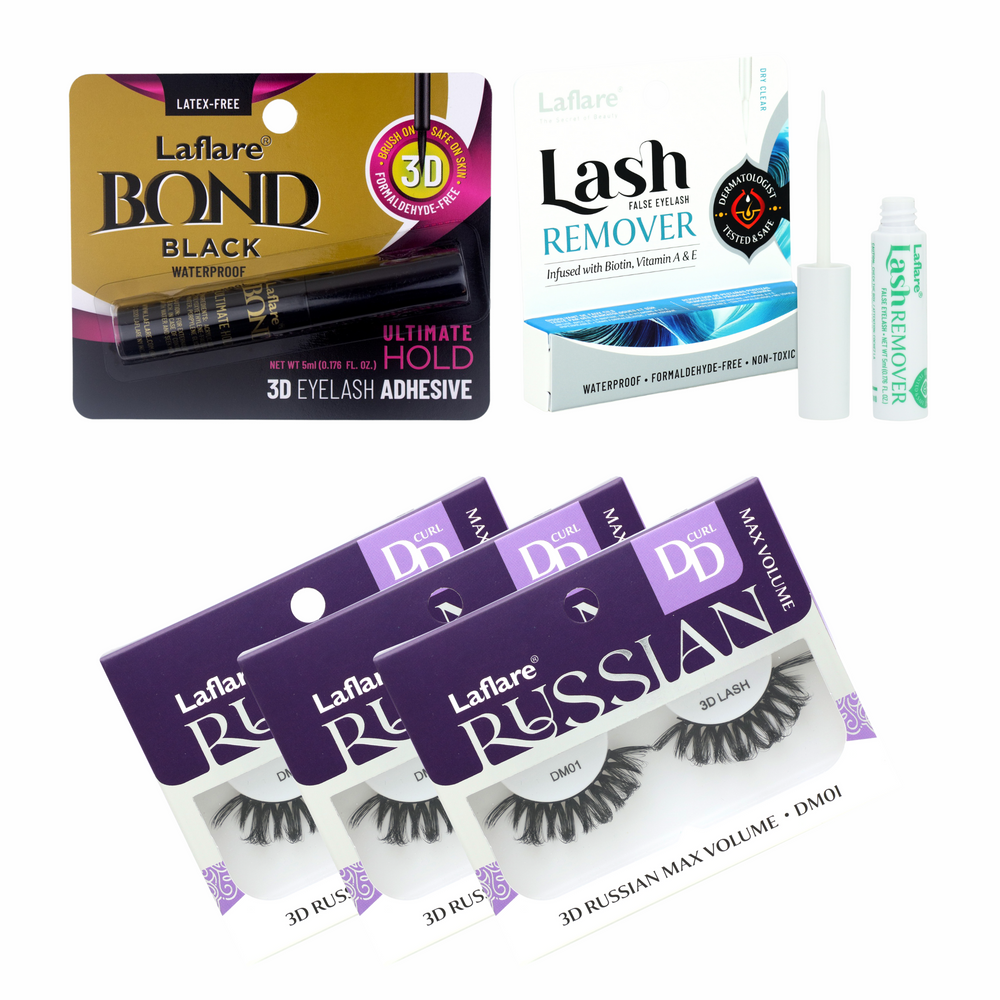 3D RUSSIAN (MAX) DD CURL LASH 3 PACKS with LASH BOND and REMOVER SET