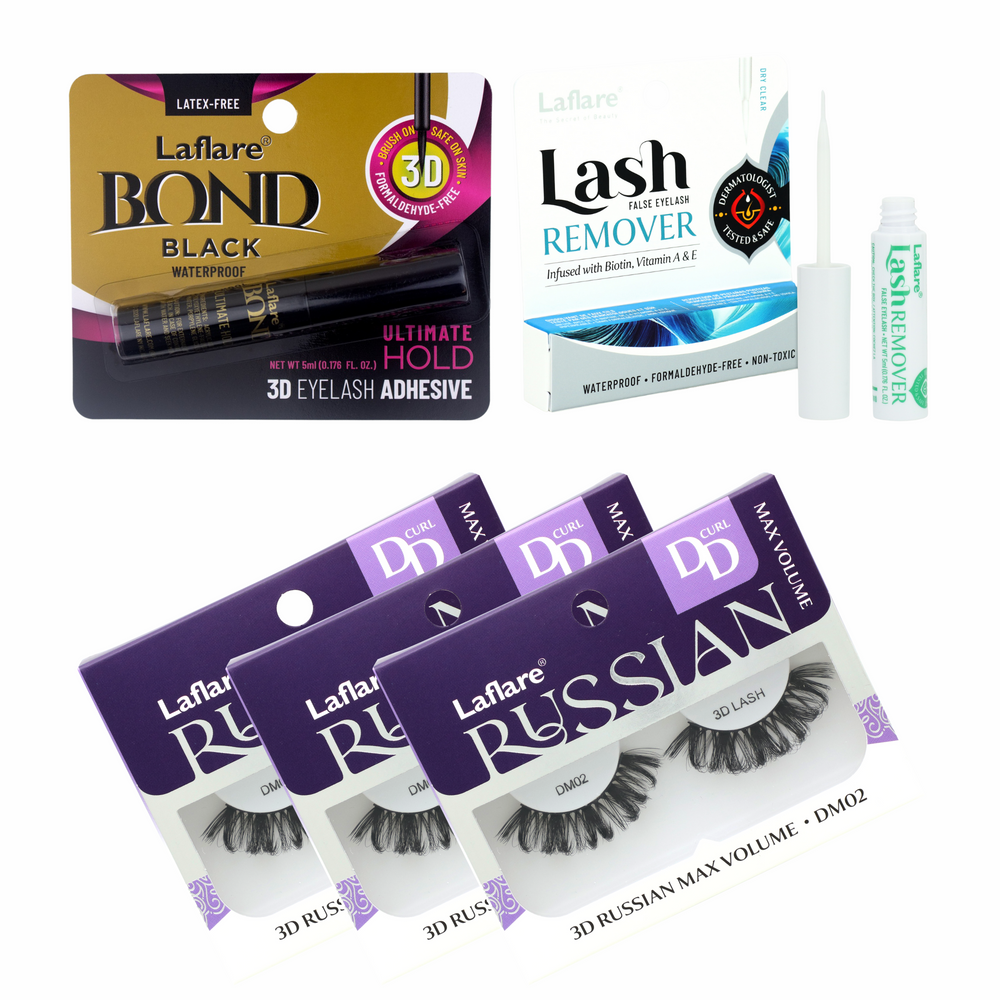 3D RUSSIAN (MAX) DD CURL LASH 3 PACKS with LASH BOND and REMOVER SET