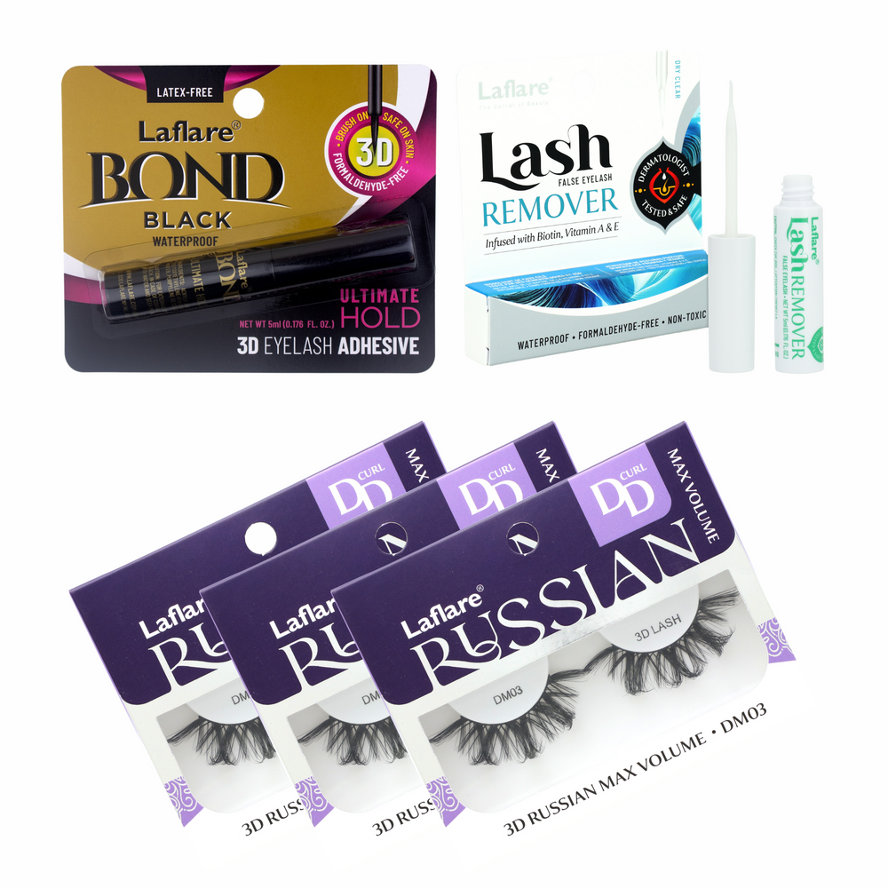 3D RUSSIAN (MAX) DD CURL LASH 3 PACKS with LASH BOND and REMOVER SET