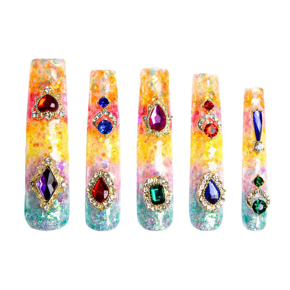 LOVFUL Coral Dream Rhinestone Handmade Reusable Full Cover Press on Nails H59