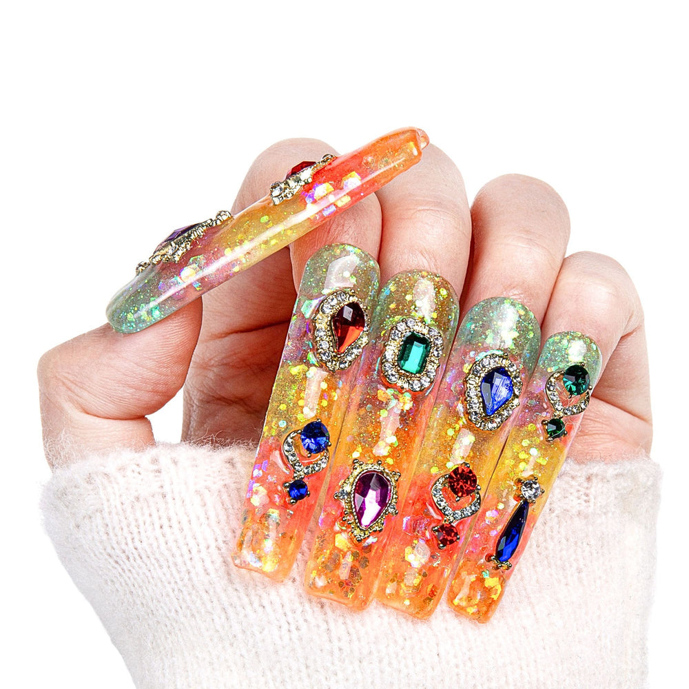 LOVFUL Coral Dream Rhinestone Handmade Reusable Full Cover Press on Nails H59